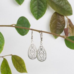 Lacy design in teardrop shape sterling silver earrings