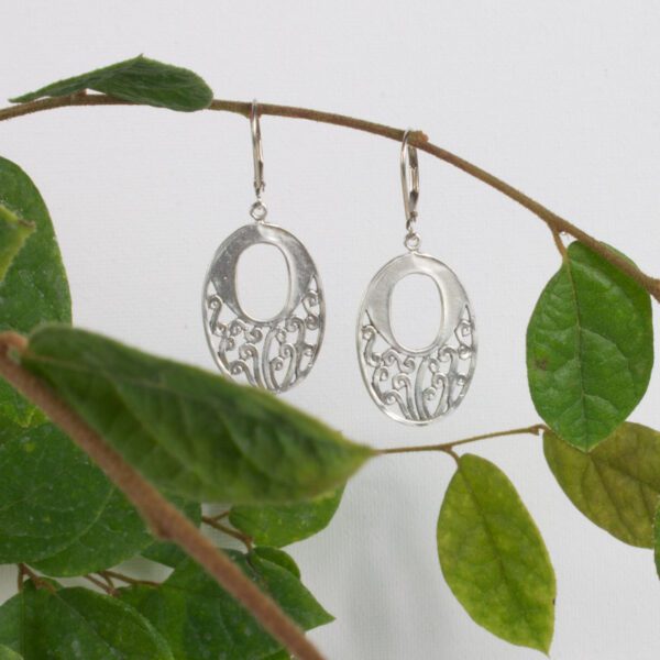 Oval sterling silver earrings with fern like design