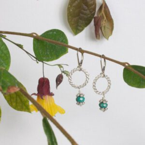 sterling silver earrings - small flat twisted circle with Turquoise drops