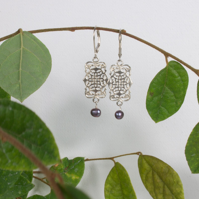 sterling silver rectangle shape earrings with small pearl drops