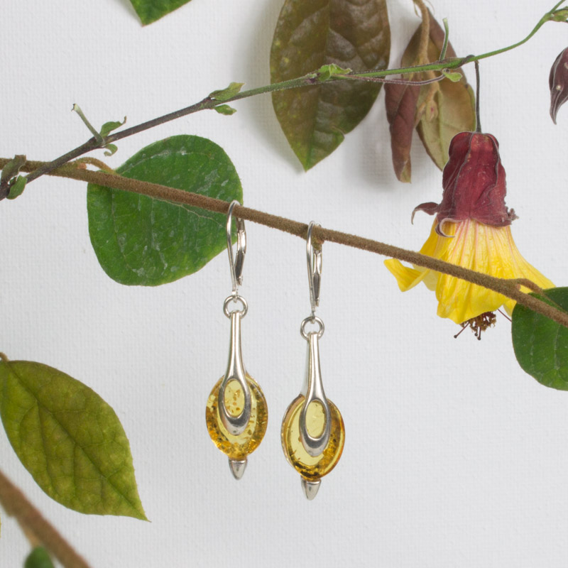 Sterling silver and Amber earrings in elongated tear drop shape