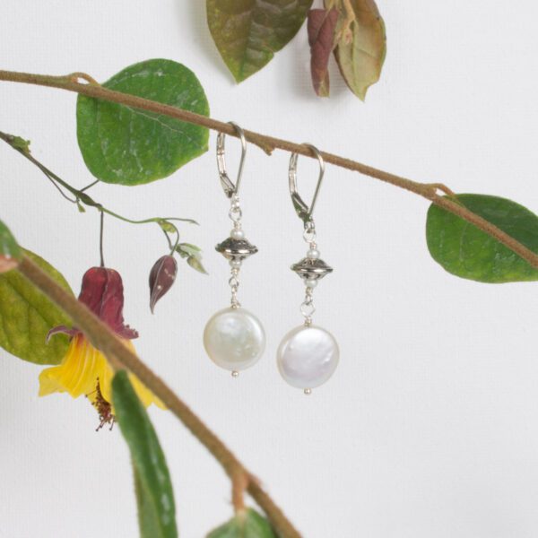 sterling silver earrings with coin pearl and saucer shaped silver bead