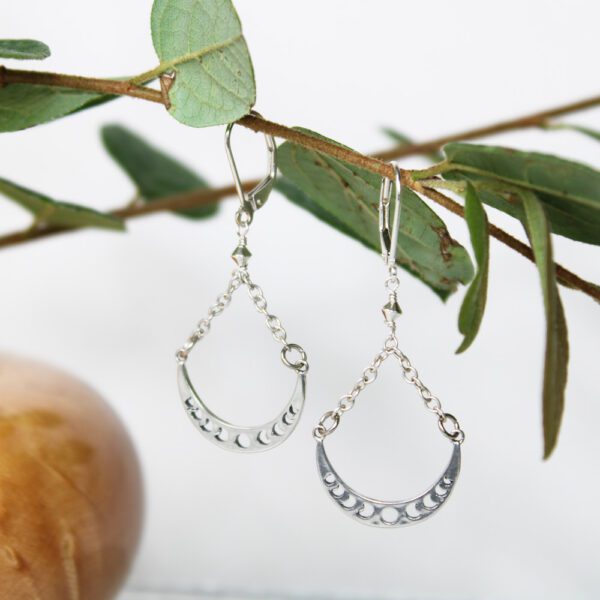 Earrings with crescent moon shape silver with phases of the moon suspended with chain