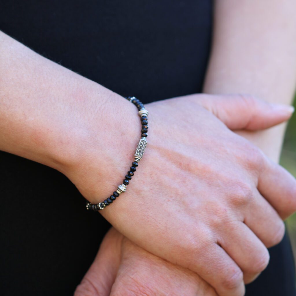 Black bracelet with sterling silver and marcasite beads