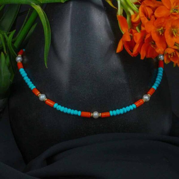 Turquoise, Coral and Pearl short necklace