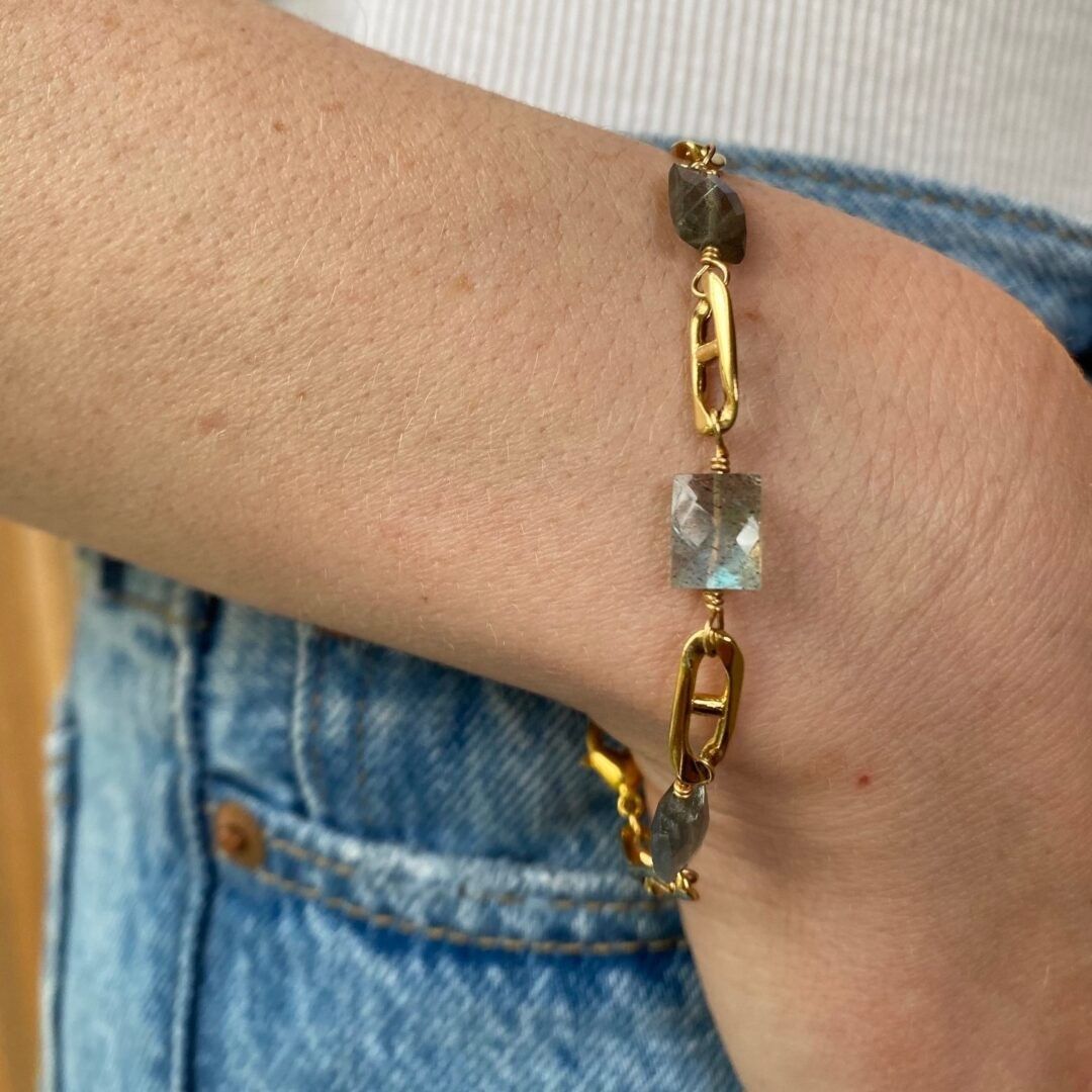 A woman wearing geometric gold bracelet with faceted rectangle Labradorite stones.